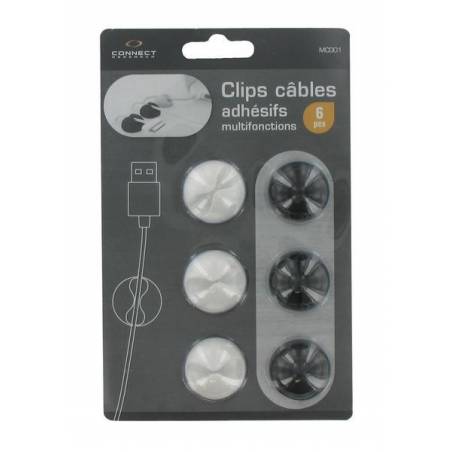 Clips câbles adhesifs multifonctions 3 noirs + 3 blancs